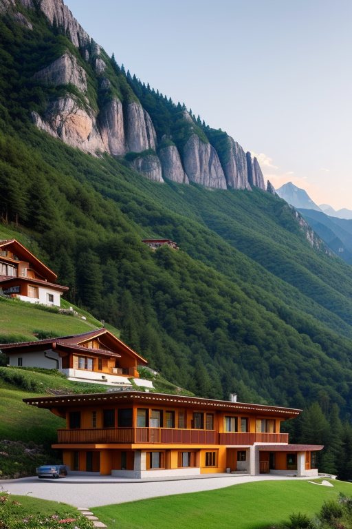 Village in the mountains designed by Wes Anderson, Villa, designed by Norman Foster, Post-Modern Architecture, morning, in the mountains