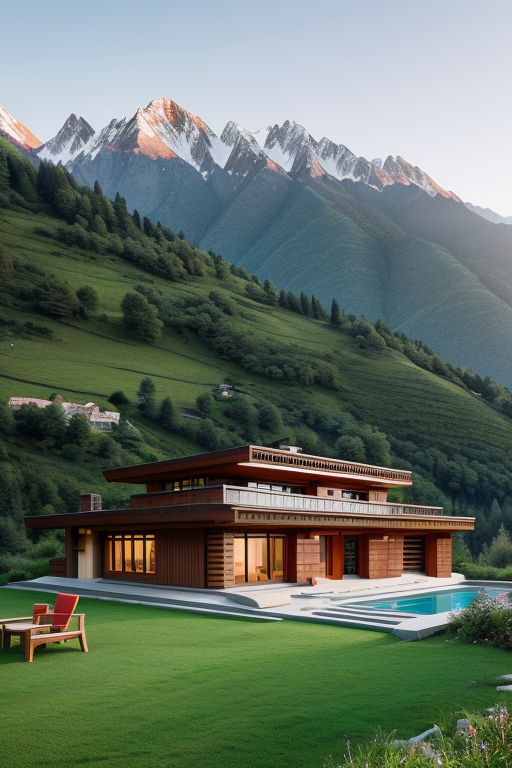 Village in the mountains designed by Wes Anderson, Villa, designed by Norman Foster, Post-Modern Architecture, morning, in the mountains