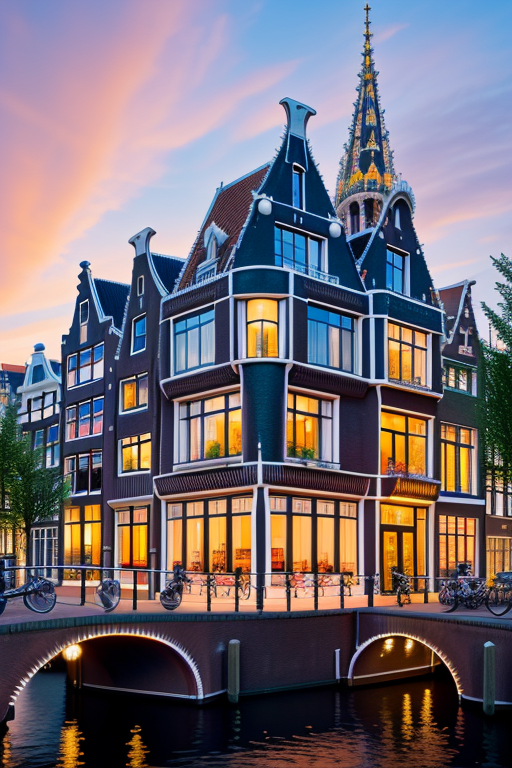 , designed by Gaudi, Bauhaus Architecture, sunset, in Amsterdam