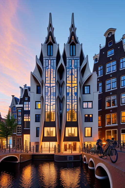 , designed by Gaudi, Bauhaus Architecture, sunset, in Amsterdam