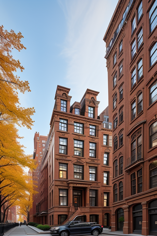 Brownstone, designed by Norman Foster, Bauhaus Architecture, morning, in New York, beautiful building, Ultra hd, editorial, iso 400, 8k, full frame, landscape