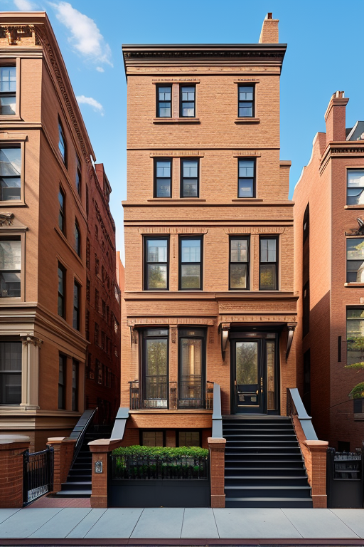 Brownstone, designed by Norman Foster, Bauhaus Architecture, morning, in New York, beautiful building, Ultra hd, editorial, iso 400, 8k, full frame, landscape
