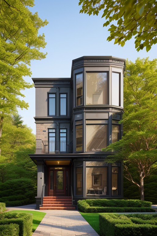 Brownstone, designed by Norman Foster, Bauhaus Architecture, morning, in New York, beautiful building, Ultra hd, editorial, iso 400, 8k, full frame, landscape, Mansion, designed by Philip Johnson, Constructivism Architecture, morning, sunset, in the forest