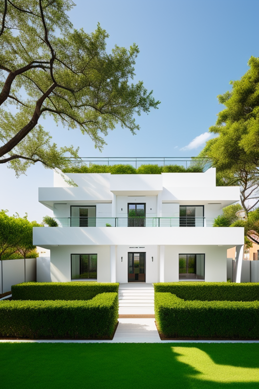 Make me a picture of a two-story, light-colored, minimalist-style house with a garden and a chihuahua