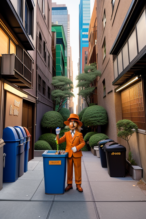 Draw me the lorax smoking a joint in an alley next to a trash can from the movie the lorax in search of the lost truffle, afternoon, in New York, Japanese architecture, Modern Architecture, night time