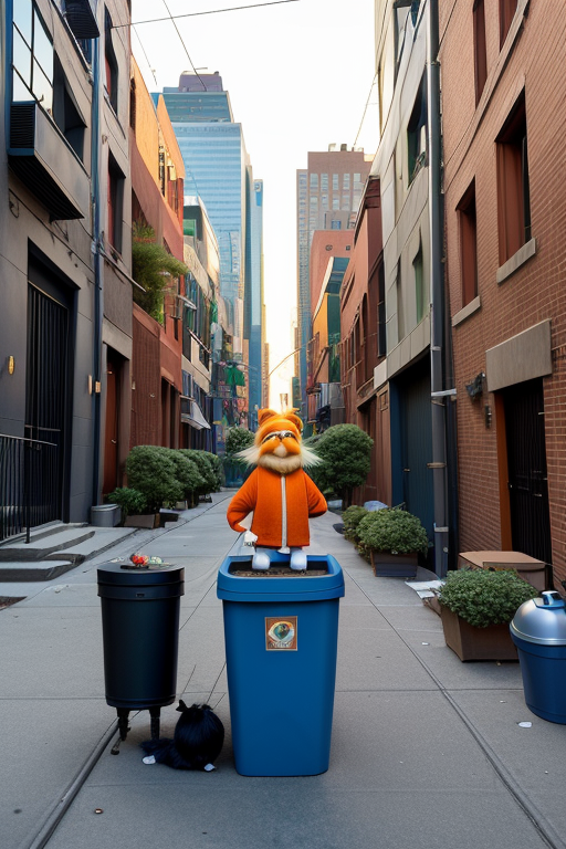 Draw me the lorax smoking a joint in an alley next to a trash can from the movie the lorax in search of the lost truffle, afternoon, in New York, Japanese architecture, Modern Architecture, night time