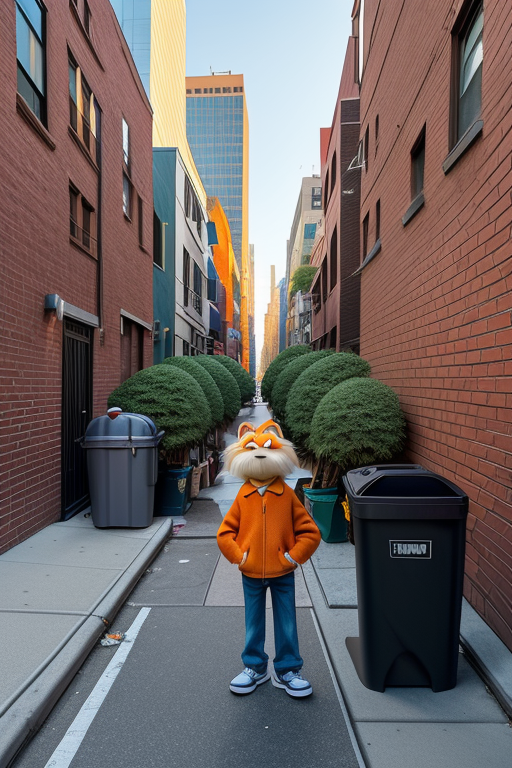 Draw me the lorax smoking a joint in an alley next to a trash can from the movie the lorax in search of the lost truffle, afternoon, in New York, Japanese architecture, Modern Architecture, night time