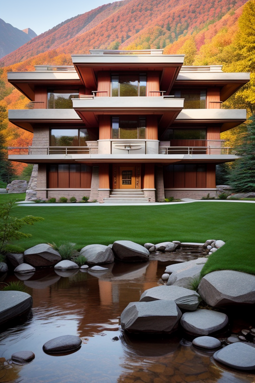 , designed by Frank Lloyd Wright, afternoon, Bauhaus Architecture, in the mountains