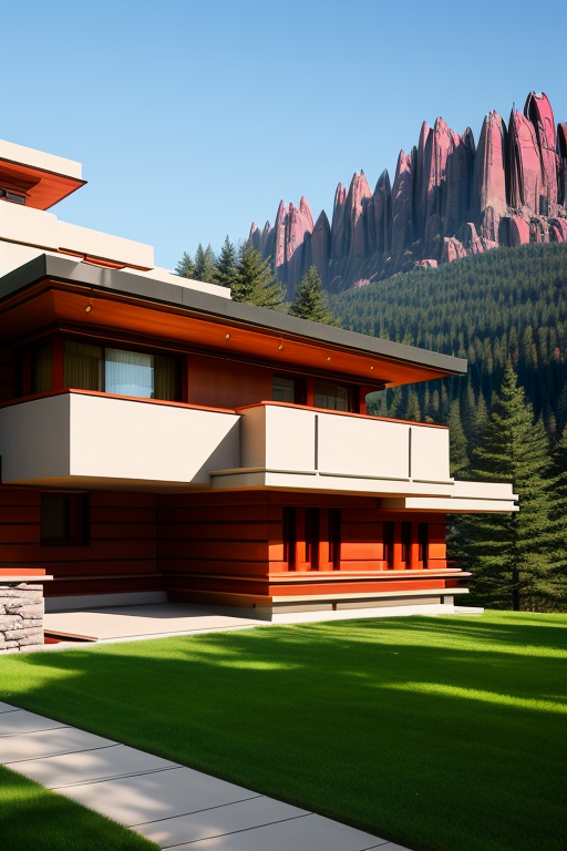 , designed by Frank Lloyd Wright, afternoon, Bauhaus Architecture, in the mountains