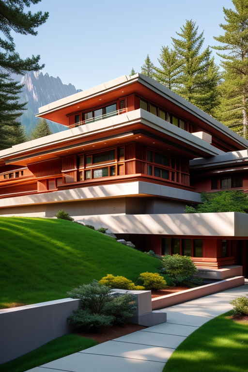, designed by Frank Lloyd Wright, afternoon, Bauhaus Architecture, in the mountains