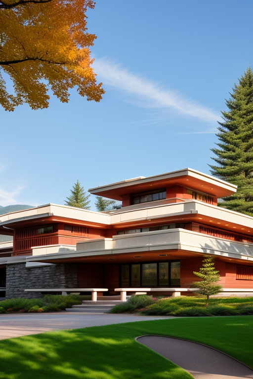 , designed by Frank Lloyd Wright, afternoon, Bauhaus Architecture, in the mountains