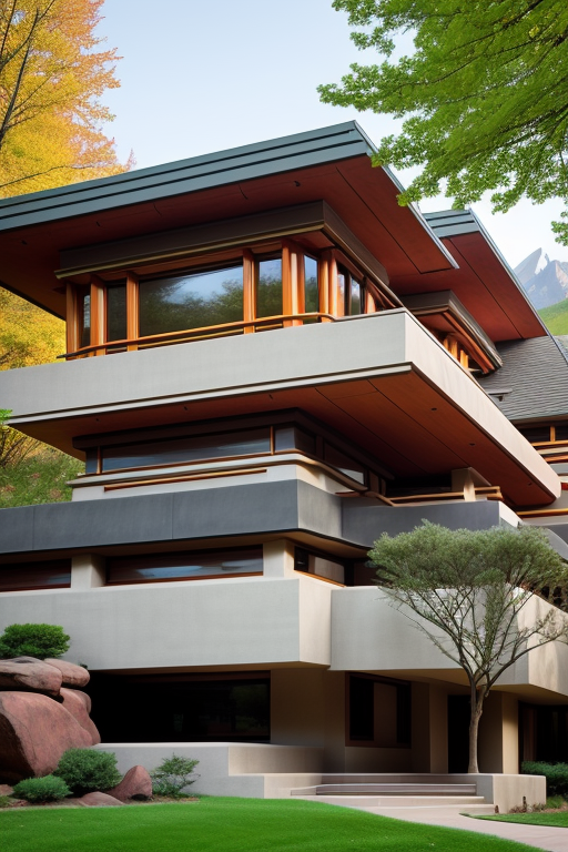 , designed by Frank Lloyd Wright, afternoon, Bauhaus Architecture, in the mountains