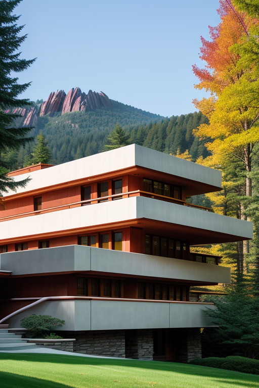 , designed by Frank Lloyd Wright, afternoon, Bauhaus Architecture, in the mountains