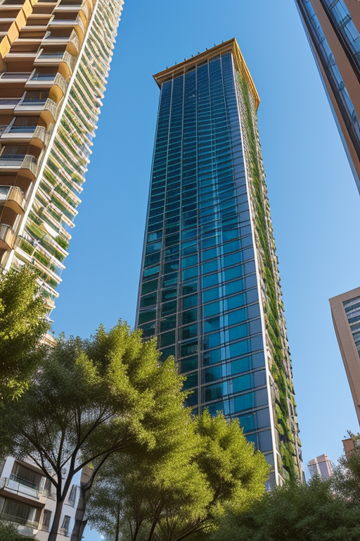 a condo building with 24 floors with the glass-covered , green covered, Modern Architecture, morning, in Barcelona