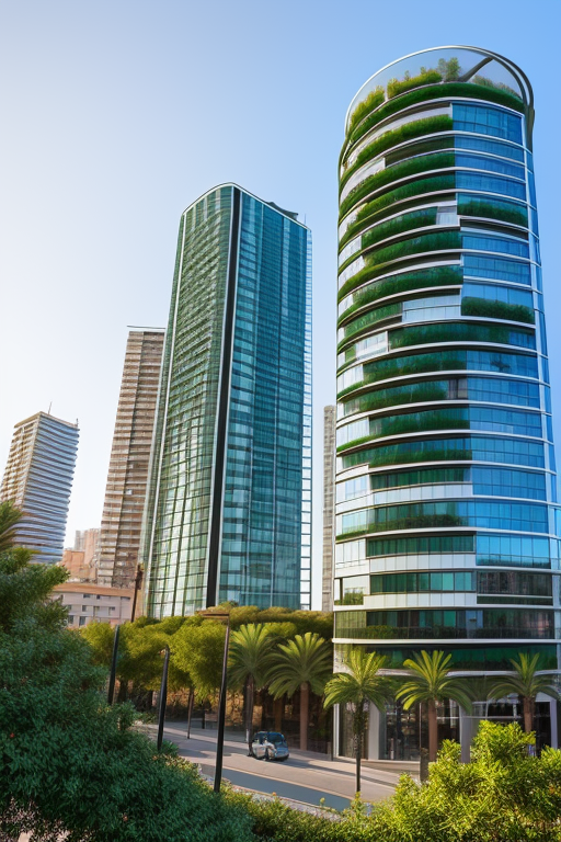 a condo building with 24 floors with the glass-covered , green covered, Modern Architecture, morning, in Barcelona