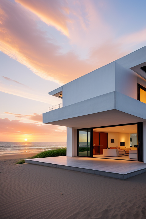 , Townhouse, designed by Oscar Niemeyer, Modern Architecture, sunset, on the beach