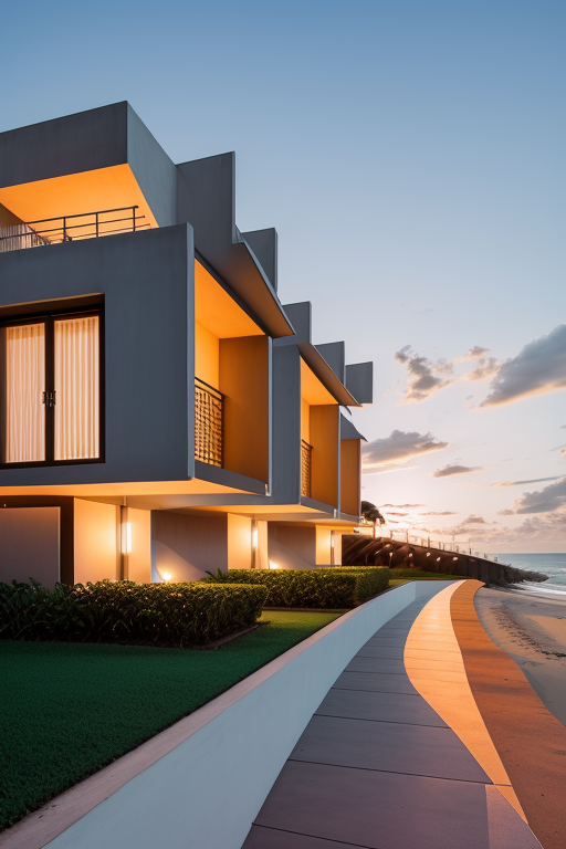 , Townhouse, designed by Oscar Niemeyer, Modern Architecture, sunset, on the beach