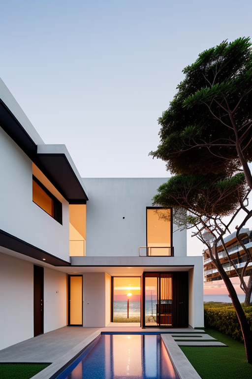 , Townhouse, designed by Oscar Niemeyer, Modern Architecture, sunset, on the beach