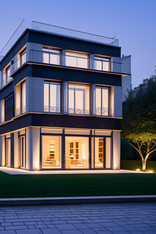 , Villa, in Paris, night time, Constructivism Architecture, designed by Renzo Piano, 