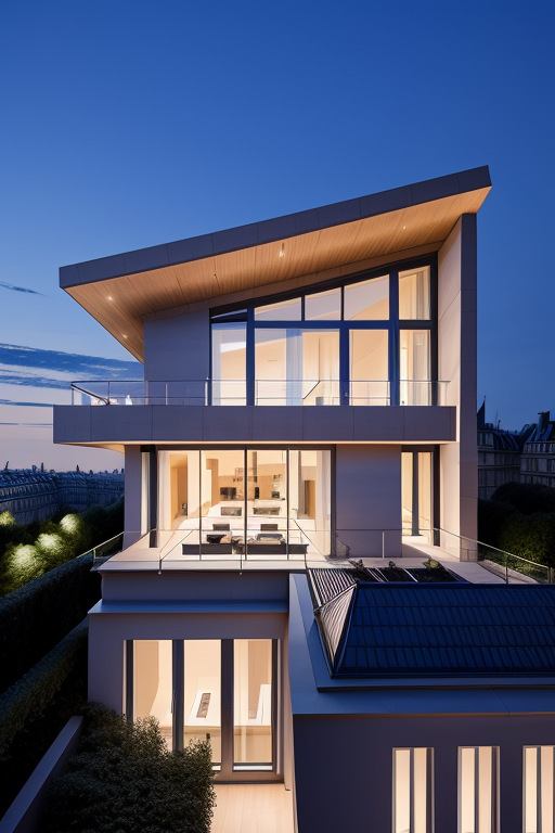 , Villa, in Paris, night time, Constructivism Architecture, designed by Renzo Piano, 
