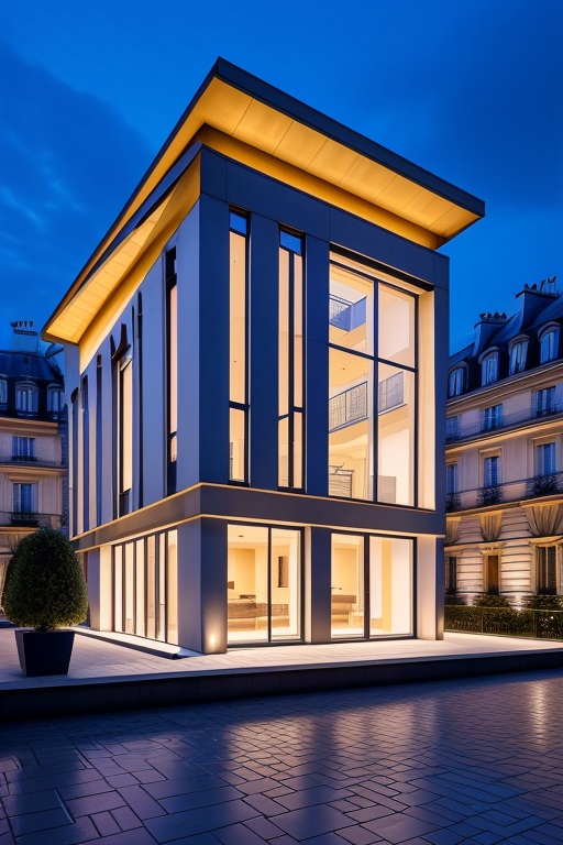 , Villa, in Paris, night time, Constructivism Architecture, designed by Renzo Piano, 
