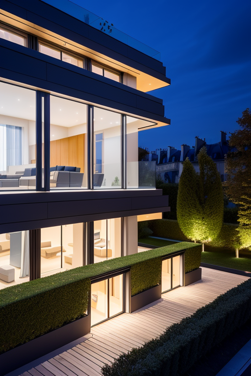 , Villa, in Paris, night time, Constructivism Architecture, designed by Renzo Piano, 