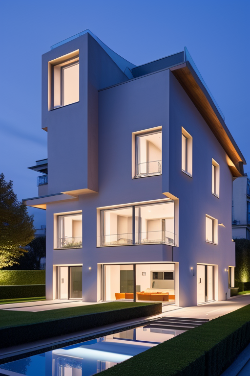 , Villa, in Paris, night time, Constructivism Architecture, designed by Renzo Piano, 