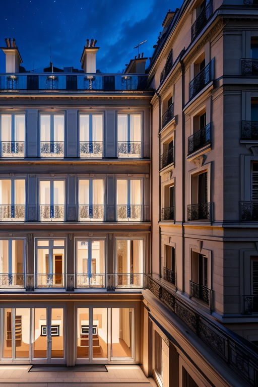 , Villa, in Paris, night time, Constructivism Architecture, designed by Renzo Piano, 