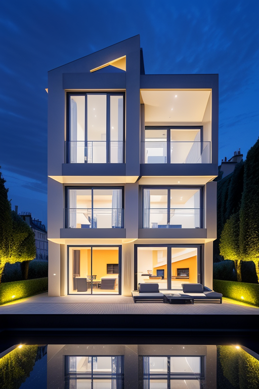 , Villa, in Paris, night time, Constructivism Architecture, designed by Renzo Piano, 