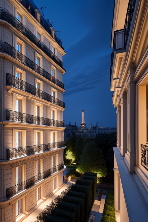 , Villa, in Paris, night time, Constructivism Architecture, designed by Renzo Piano, 