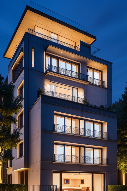 , Villa, in Paris, night time, Constructivism Architecture, designed by Renzo Piano, 