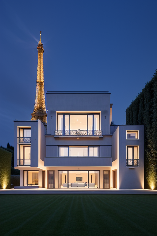 , Villa, in Paris, night time, Constructivism Architecture, designed by Renzo Piano, 