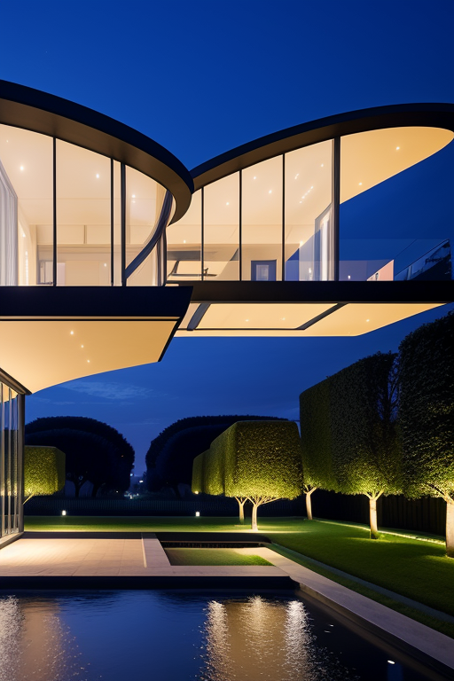 , Villa, in Paris, night time, Constructivism Architecture, designed by Renzo Piano, , designed by Oscar Niemeyer