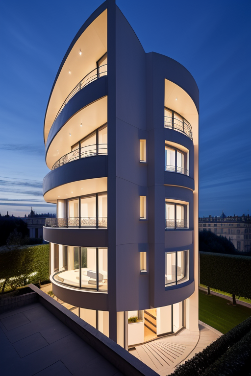 , Villa, in Paris, night time, Constructivism Architecture, designed by Renzo Piano, , designed by Oscar Niemeyer