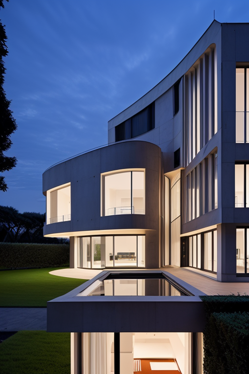 , Villa, in Paris, night time, Constructivism Architecture, designed by Renzo Piano, , designed by Oscar Niemeyer