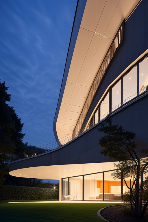 , Villa, in Paris, night time, Constructivism Architecture, designed by Renzo Piano, , designed by Oscar Niemeyer