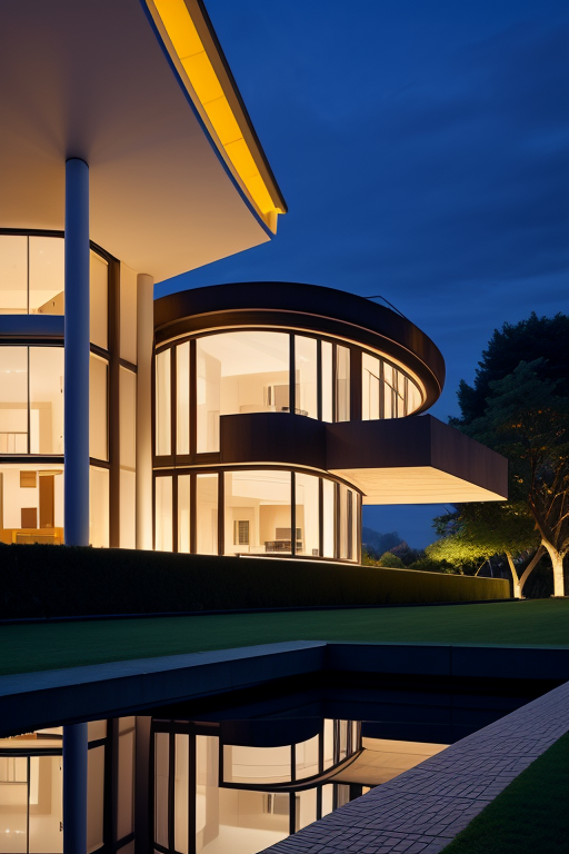 , Villa, in Paris, night time, Constructivism Architecture, designed by Renzo Piano, , designed by Oscar Niemeyer, designed by Frank Lloyd Wright, designed by Mies Van der Rohe