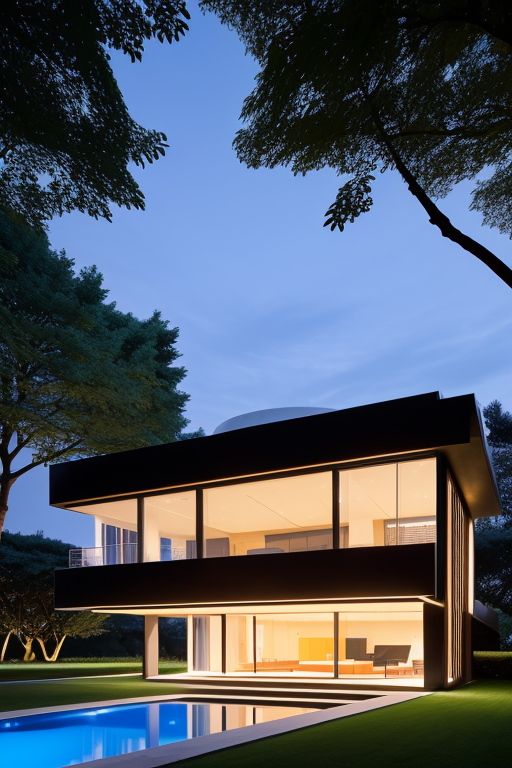, Villa, in Paris, night time, Constructivism Architecture, designed by Renzo Piano, , designed by Oscar Niemeyer, designed by Frank Lloyd Wright, designed by Mies Van der Rohe