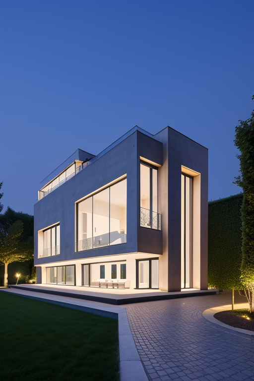 , Villa, in Paris, night time, Constructivism Architecture, designed by Renzo Piano,