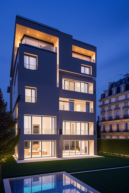 , Villa, in Paris, night time, Constructivism Architecture, designed by Renzo Piano,
