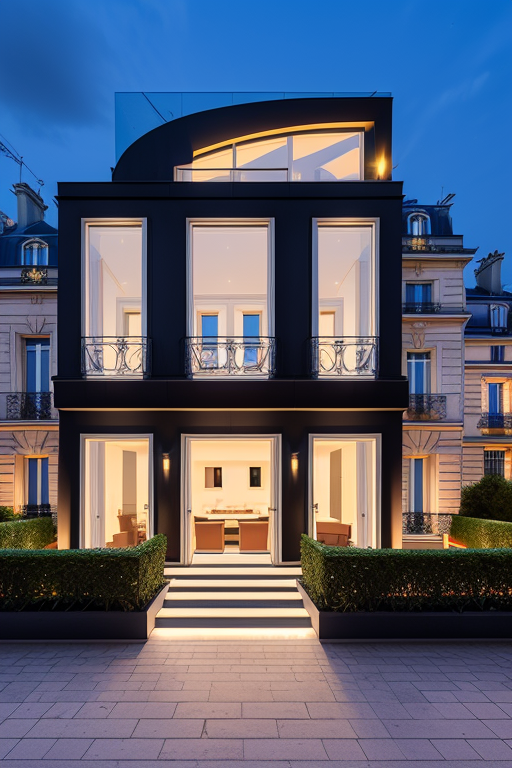 , Villa, in Paris, night time, Constructivism Architecture, designed by Renzo Piano,