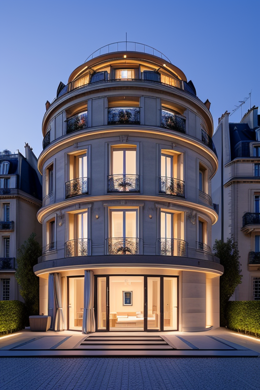 , Villa, in Paris, night time, Constructivism Architecture, designed by Renzo Piano,
