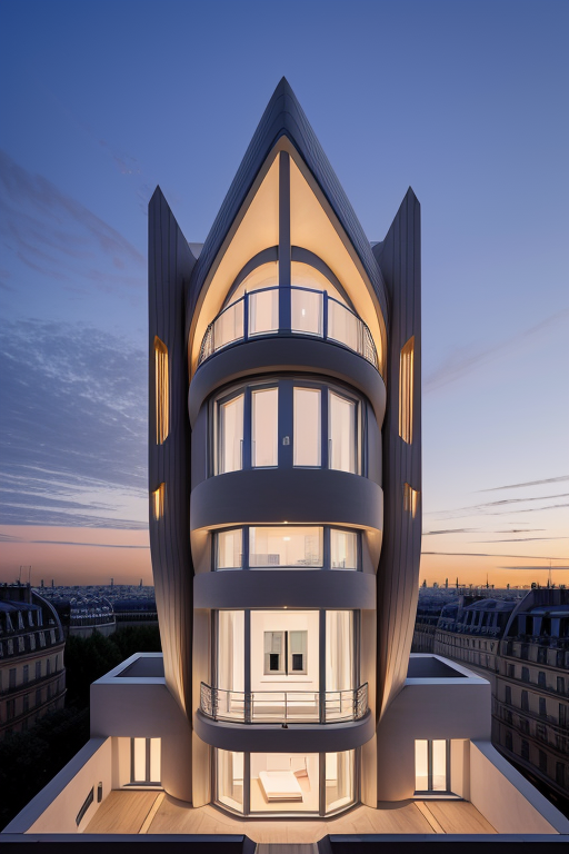 , Villa, in Paris, night time, Constructivism Architecture, designed by Renzo Piano,, designed by Zaha Hadid, Islamic architecture, Constructivism Architecture, sunset, in Paris