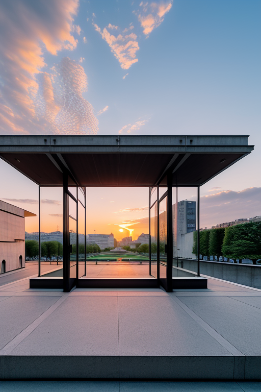 , Museum, designed by Le Corbusier, sunset, Post-Modern Architecture, in Paris