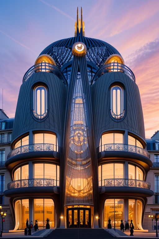 , Museum, sunset, in Paris, Art Nouveau Architecture, designed by Oscar Niemeyer, night time, designed by Richard Rogers