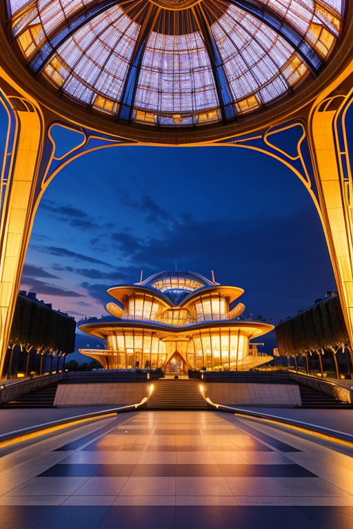 , Museum, sunset, in Paris, Art Nouveau Architecture, designed by Oscar Niemeyer, night time, designed by Richard Rogers