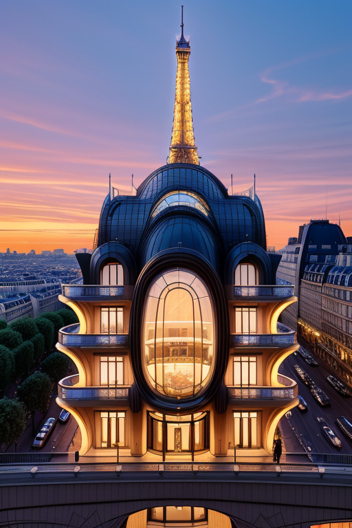 , Museum, sunset, in Paris, Art Nouveau Architecture, designed by Oscar Niemeyer, night time, designed by Richard Rogers