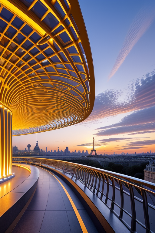 , Museum, sunset, in Paris, Art Nouveau Architecture, designed by Oscar Niemeyer, night time, designed by Richard Rogers, designed by Zaha Hadid