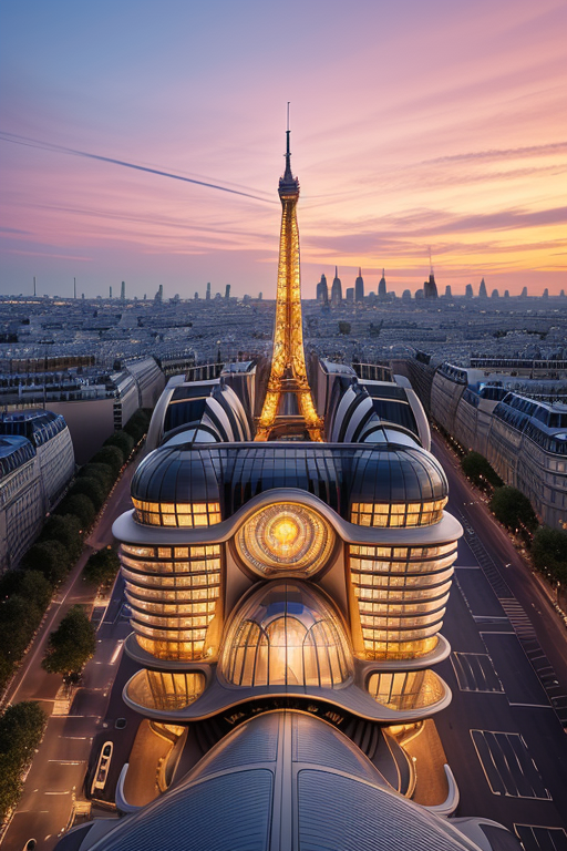, Museum, sunset, in Paris, Art Nouveau Architecture, designed by Oscar Niemeyer, night time, designed by Richard Rogers, designed by Zaha Hadid