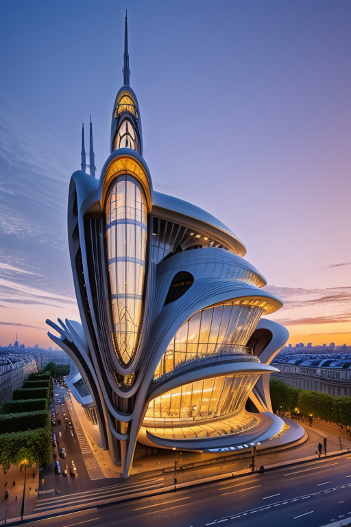 , Museum, sunset, in Paris, Art Nouveau Architecture, designed by Oscar Niemeyer, night time, designed by Richard Rogers, designed by Zaha Hadid, Islamic architecture